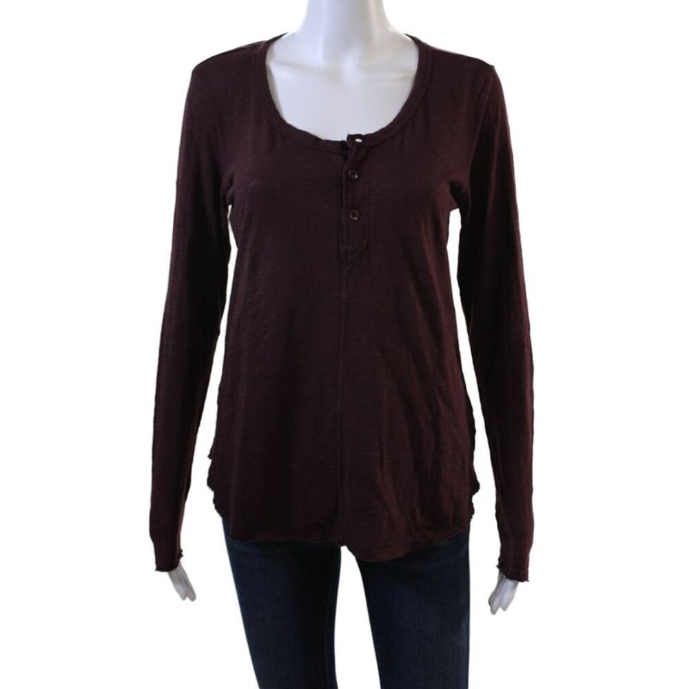 Bobi Womens Basic Button Up Brown Cotton Round Neck Long Sleeve Top Size M